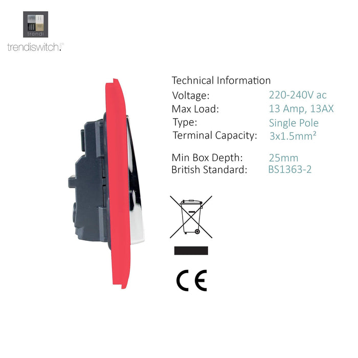 Trendi, Artistic Modern 1 Gang 13Amp Switched Socket Strawberry Finish, BRITISH MADE, (25mm Back Box Required), 5yrs Warranty • ART-SKT13SB