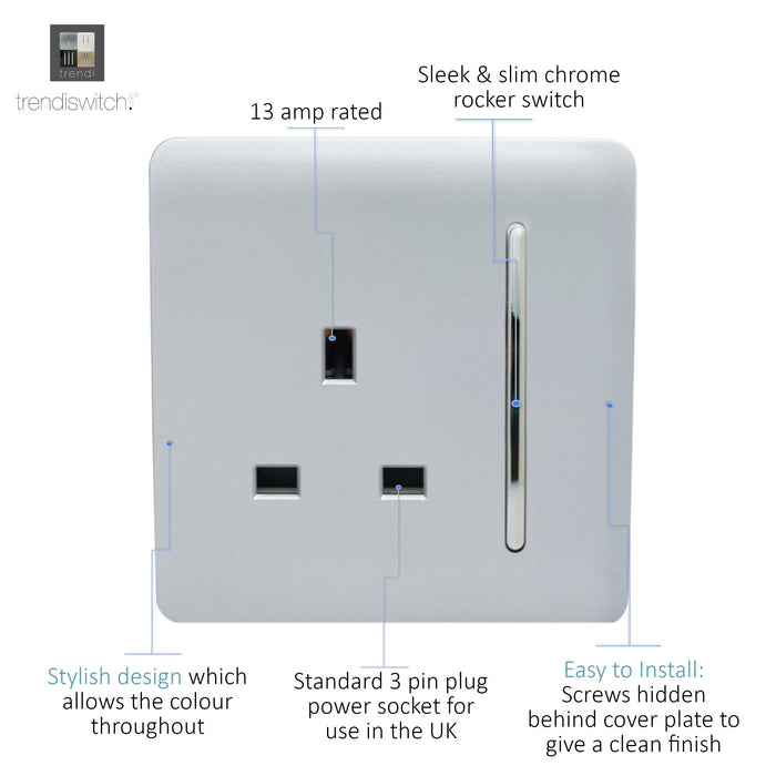 Trendi, Artistic Modern 1 Gang 13Amp Switched Socket Silver Finish, BRITISH MADE, (25mm Back Box Required), 5yrs Warranty • ART-SKT13SI