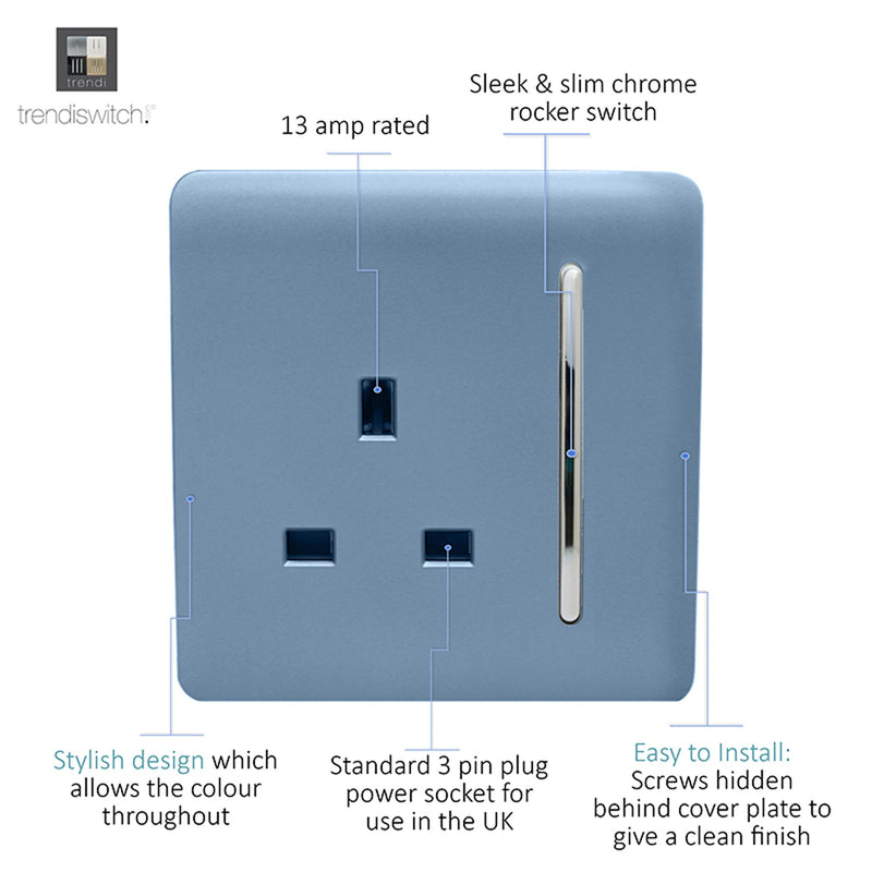 Trendi, Artistic Modern 1 Gang 13Amp Switched Socket Sky Finish, BRITISH MADE, (25mm Back Box Required), 5yrs Warranty • ART-SKT13SK