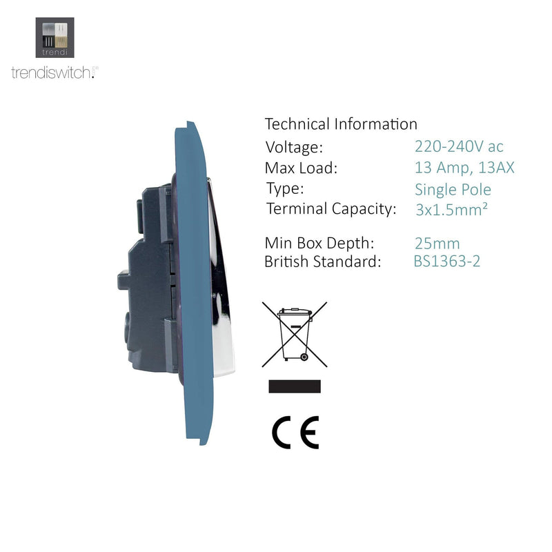 Trendi, Artistic Modern 1 Gang 13Amp Switched Socket Sky Finish, BRITISH MADE, (25mm Back Box Required), 5yrs Warranty • ART-SKT13SK