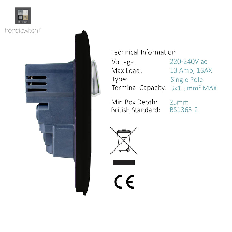 Trendi, Artistic Modern 1 Gang 13Amp Switched Socket WIth 2 x USB Ports Gloss Black Finish, BRITISH MADE, (35mm Back Box Required), 5yrs Warranty • ART-SKT13USBBK