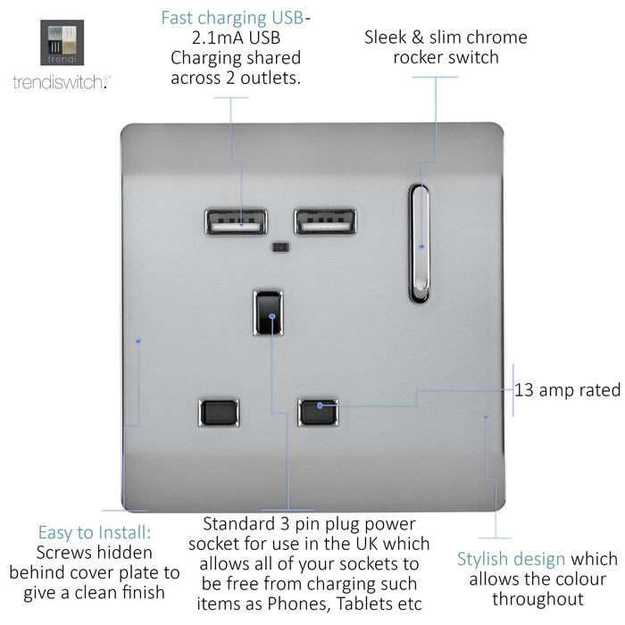 Trendi, Artistic Modern 1 Gang 13Amp Switched Socket WIth 2 x USB Ports Brushed Steel Finish, BRITISH MADE, (35mm Back Box Required), 5yrs Warranty • ART-SKT13USBBS