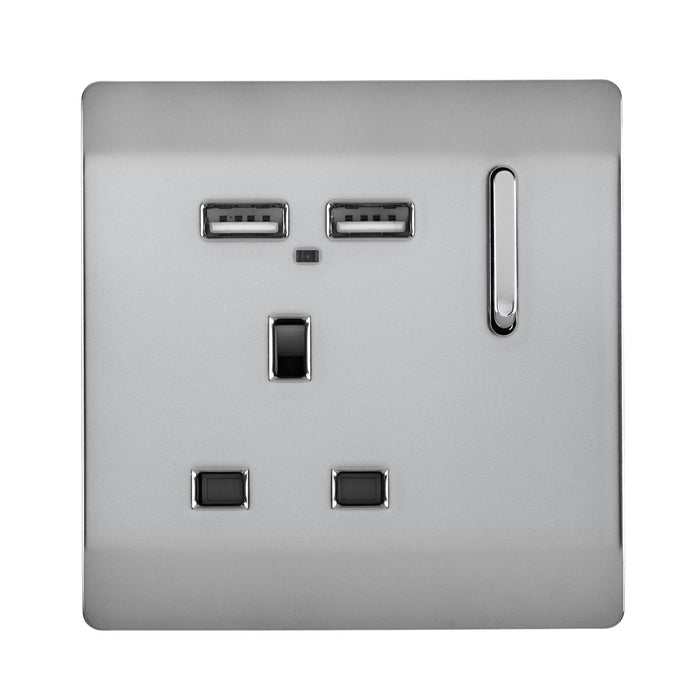 Trendi, Artistic Modern 1 Gang 13Amp Switched Socket WIth 2 x USB Ports Brushed Steel Finish, BRITISH MADE, (35mm Back Box Required), 5yrs Warranty • ART-SKT13USBBS