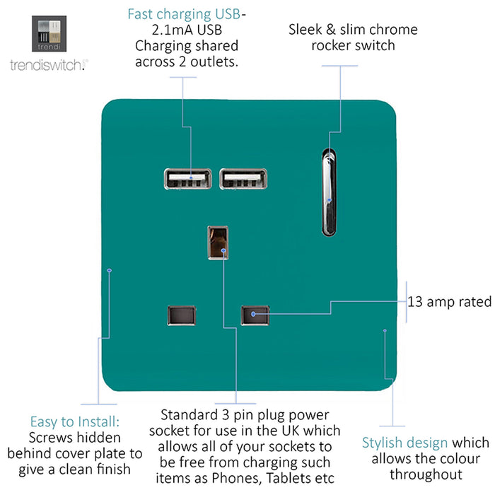 Trendi, Artistic Modern 1 Gang 13Amp Switched Socket WIth 2 x USB Ports Bright Teal Finish, BRITISH MADE, (35mm Back Box Required), 5yrs Warranty • ART-SKT13USBBT