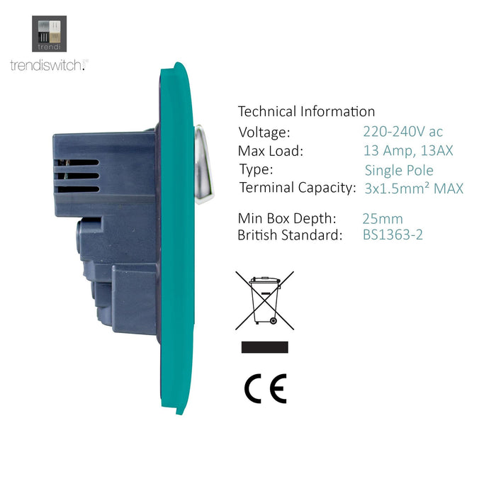 Trendi, Artistic Modern 1 Gang 13Amp Switched Socket WIth 2 x USB Ports Bright Teal Finish, BRITISH MADE, (35mm Back Box Required), 5yrs Warranty • ART-SKT13USBBT