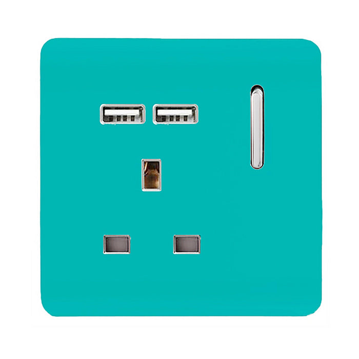 Trendi, Artistic Modern 1 Gang 13Amp Switched Socket WIth 2 x USB Ports Bright Teal Finish, BRITISH MADE, (35mm Back Box Required), 5yrs Warranty • ART-SKT13USBBT