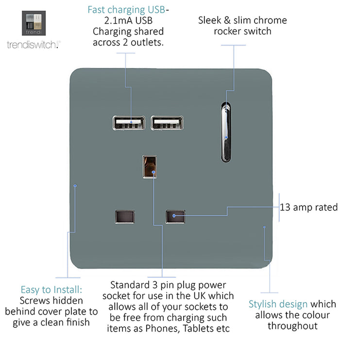 Trendi, Artistic Modern 1 Gang 13Amp Switched Socket WIth 2 x USB Ports Cool Grey Finish, BRITISH MADE, (35mm Back Box Required), 5yrs Warranty • ART-SKT13USBCG