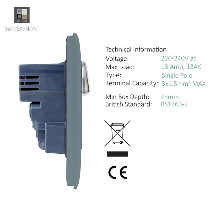 Trendi, Artistic Modern 1 Gang 13Amp Switched Socket WIth 2 x USB Ports Cool Grey Finish, BRITISH MADE, (35mm Back Box Required), 5yrs Warranty • ART-SKT13USBCG