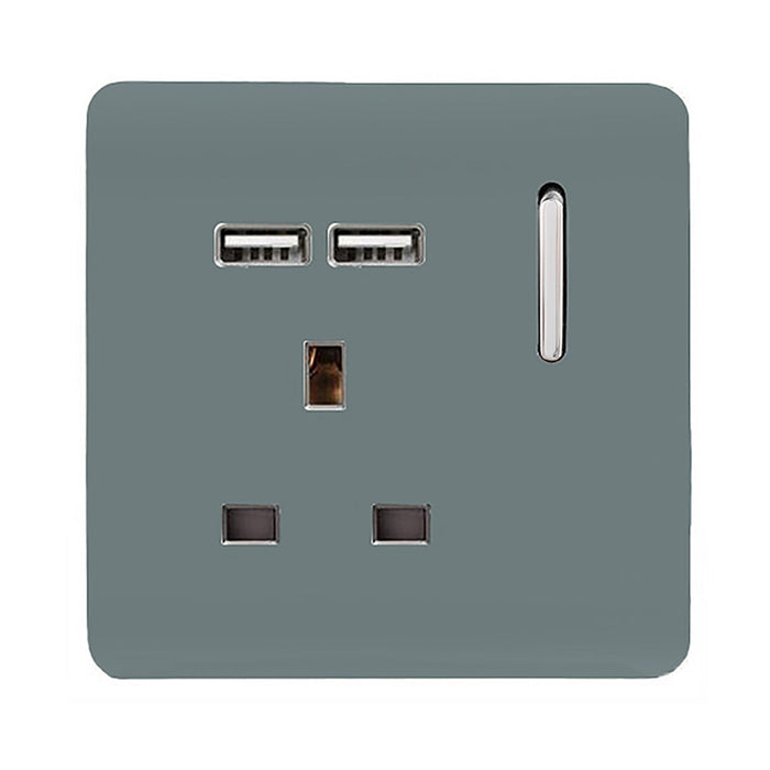 Trendi, Artistic Modern 1 Gang 13Amp Switched Socket WIth 2 x USB Ports Cool Grey Finish, BRITISH MADE, (35mm Back Box Required), 5yrs Warranty • ART-SKT13USBCG