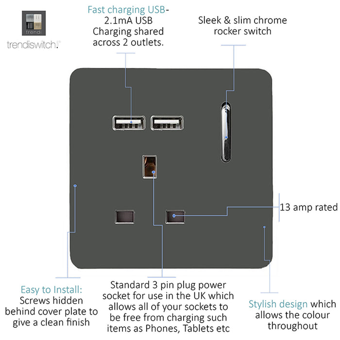 Trendi, Artistic Modern 1 Gang 13Amp Switched Socket WIth 2 x USB Ports Charcoal Finish, BRITISH MADE, (35mm Back Box Required), 5yrs Warranty • ART-SKT13USBCH