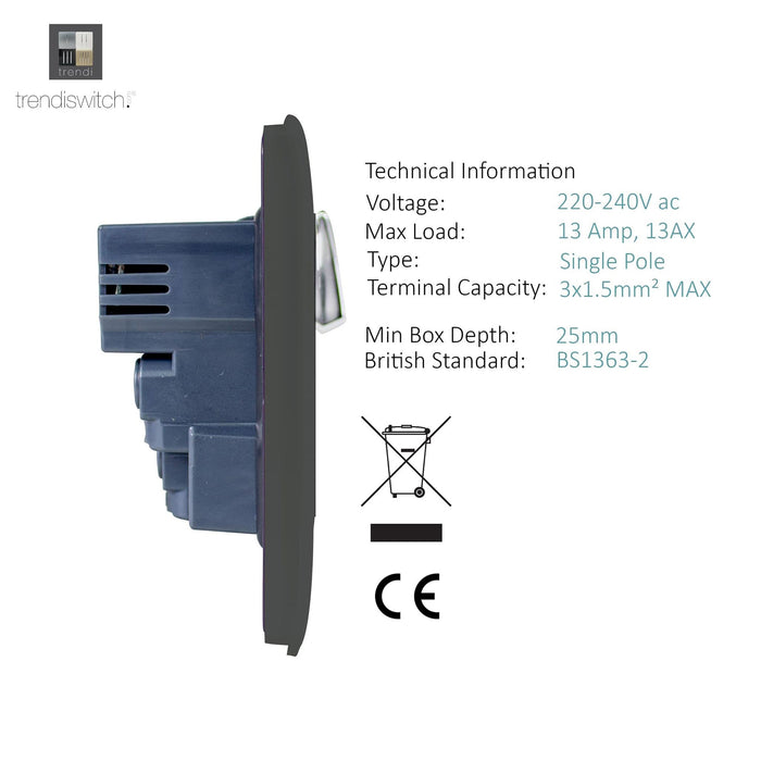 Trendi, Artistic Modern 1 Gang 13Amp Switched Socket WIth 2 x USB Ports Charcoal Finish, BRITISH MADE, (35mm Back Box Required), 5yrs Warranty • ART-SKT13USBCH