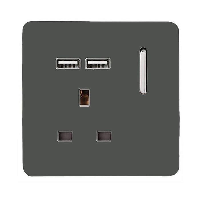 Trendi, Artistic Modern 1 Gang 13Amp Switched Socket WIth 2 x USB Ports Charcoal Finish, BRITISH MADE, (35mm Back Box Required), 5yrs Warranty • ART-SKT13USBCH