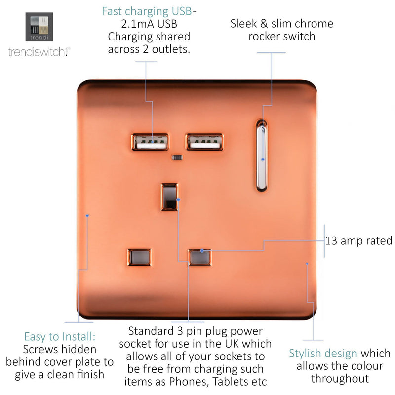 Trendi, Artistic Modern 1 Gang 13Amp Switched Socket WIth 2 x USB Ports Copper Finish, BRITISH MADE, (35mm Back Box Required), 5yrs Warranty • ART-SKT13USBCPR