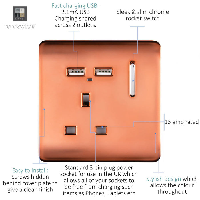 Trendi, Artistic Modern 1 Gang 13Amp Switched Socket WIth 2 x USB Ports Copper Finish, BRITISH MADE, (35mm Back Box Required), 5yrs Warranty • ART-SKT13USBCPR