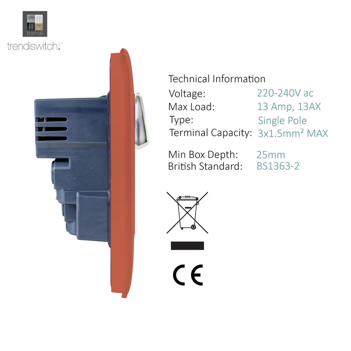 Trendi, Artistic Modern 1 Gang 13Amp Switched Socket WIth 2 x USB Ports Copper Finish, BRITISH MADE, (35mm Back Box Required), 5yrs Warranty • ART-SKT13USBCPR