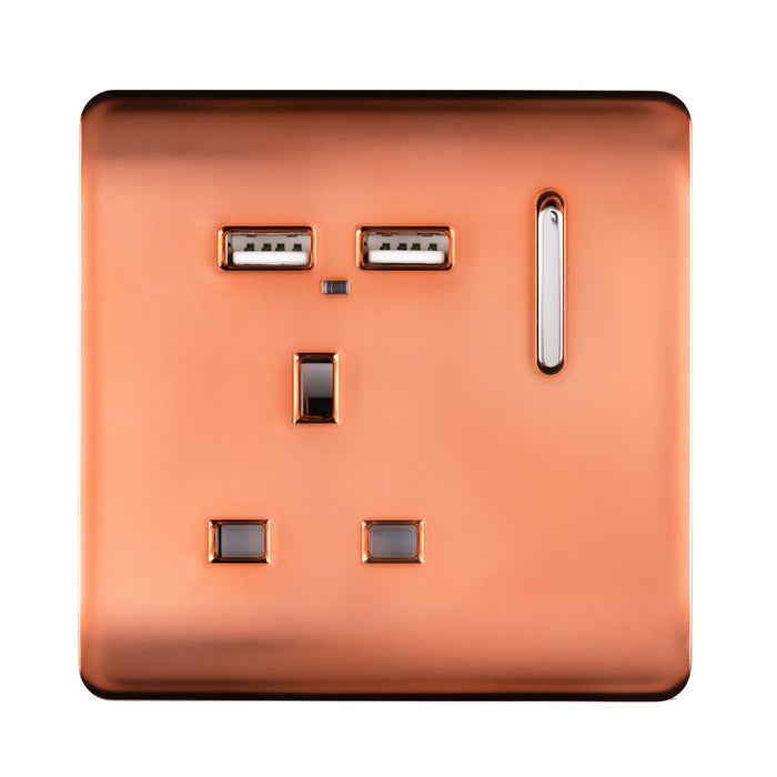 Trendi, Artistic Modern 1 Gang 13Amp Switched Socket WIth 2 x USB Ports Copper Finish, BRITISH MADE, (35mm Back Box Required), 5yrs Warranty • ART-SKT13USBCPR