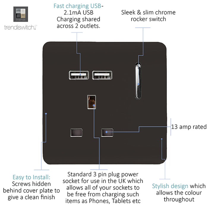 Trendi, Artistic Modern 1 Gang 13Amp Switched Socket WIth 2 x USB Ports Dark Brown Finish, BRITISH MADE, (35mm Back Box Required), 5yrs Warranty • ART-SKT13USBDB