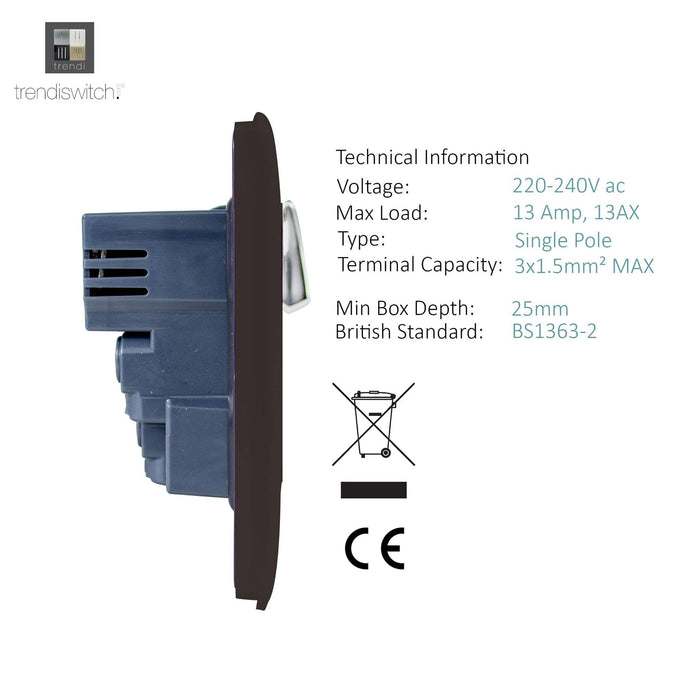 Trendi, Artistic Modern 1 Gang 13Amp Switched Socket WIth 2 x USB Ports Dark Brown Finish, BRITISH MADE, (35mm Back Box Required), 5yrs Warranty • ART-SKT13USBDB