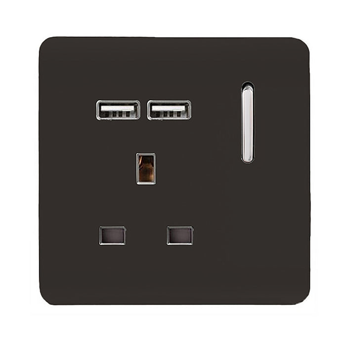 Trendi, Artistic Modern 1 Gang 13Amp Switched Socket WIth 2 x USB Ports Dark Brown Finish, BRITISH MADE, (35mm Back Box Required), 5yrs Warranty • ART-SKT13USBDB