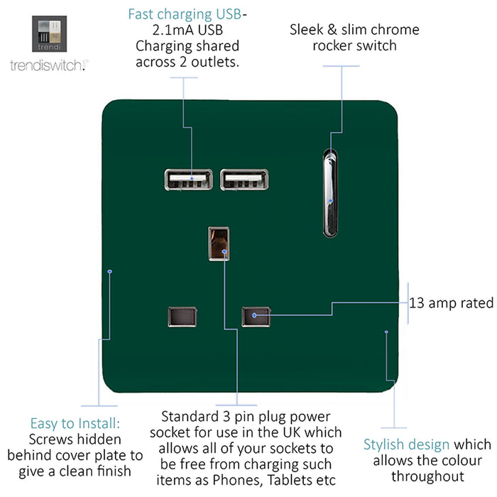 Trendi, Artistic Modern 1 Gang 13Amp Switched Socket WIth 2 x USB Ports Dark Green Finish, BRITISH MADE, (35mm Back Box Required), 5yrs Warranty • ART-SKT13USBDG