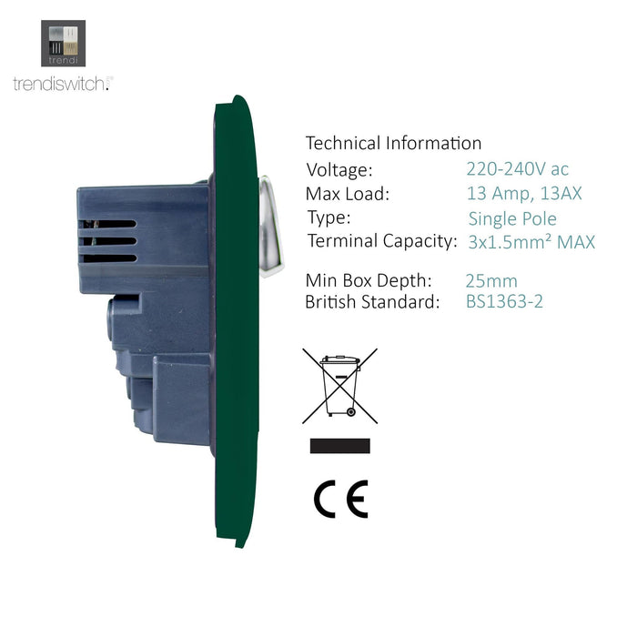 Trendi, Artistic Modern 1 Gang 13Amp Switched Socket WIth 2 x USB Ports Dark Green Finish, BRITISH MADE, (35mm Back Box Required), 5yrs Warranty • ART-SKT13USBDG