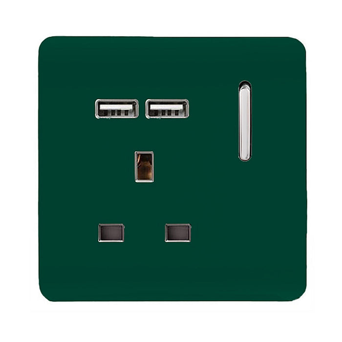 Trendi, Artistic Modern 1 Gang 13Amp Switched Socket WIth 2 x USB Ports Dark Green Finish, BRITISH MADE, (35mm Back Box Required), 5yrs Warranty • ART-SKT13USBDG