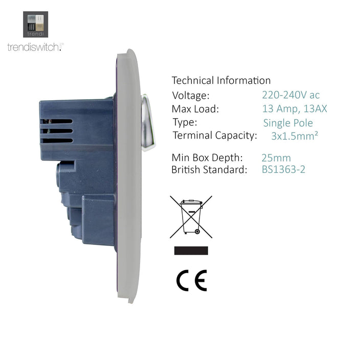 Trendi, Artistic Modern 1 Gang 13Amp Switched Socket WIth 2 x USB Ports Light Grey Finish, BRITISH MADE, (35mm Back Box Required), 5yrs Warranty • ART-SKT13USBLG