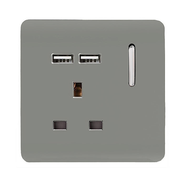 Trendi, Artistic Modern 1 Gang 13Amp Switched Socket WIth 2 x USB Ports Light Grey Finish, BRITISH MADE, (35mm Back Box Required), 5yrs Warranty • ART-SKT13USBLG