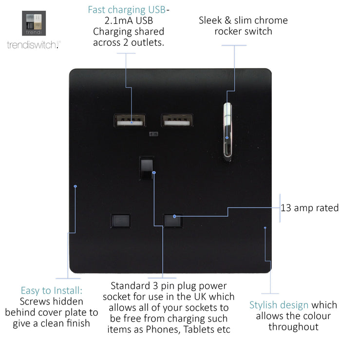 Trendi, Artistic Modern 1 Gang 13Amp Switched Socket WIth 2 x USB Ports Matt Black Finish, BRITISH MADE, (35mm Back Box Required), 5yrs Warranty • ART-SKT13USBMBK