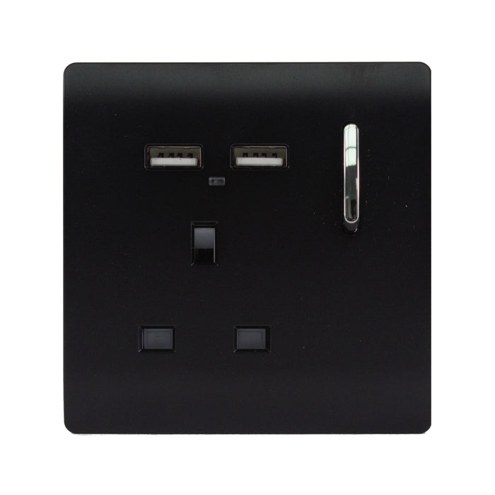 Trendi, Artistic Modern 1 Gang 13Amp Switched Socket WIth 2 x USB Ports Matt Black Finish, BRITISH MADE, (35mm Back Box Required), 5yrs Warranty • ART-SKT13USBMBK