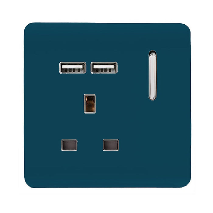 Trendi, Artistic Modern 1 Gang 13Amp Switched Socket WIth 2 x USB Ports Midnight Blue Finish, BRITISH MADE, (35mm Back Box Required), 5yrs Warranty • ART-SKT13USBMD