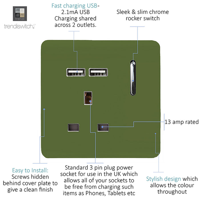 Trendi, Artistic Modern 1 Gang 13Amp Switched Socket WIth 2 x USB Ports Moss Green Finish, BRITISH MADE, (35mm Back Box Required), 5yrs Warranty • ART-SKT13USBMG