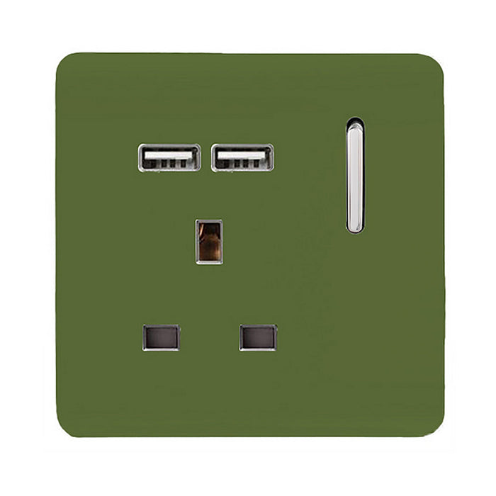 Trendi, Artistic Modern 1 Gang 13Amp Switched Socket WIth 2 x USB Ports Moss Green Finish, BRITISH MADE, (35mm Back Box Required), 5yrs Warranty • ART-SKT13USBMG