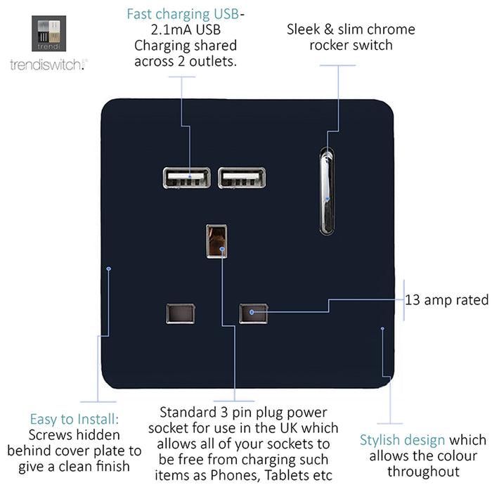 Trendi, Artistic Modern 1 Gang 13Amp Switched Socket WIth 2 x USB Ports Navy Blue Finish, BRITISH MADE, (35mm Back Box Required), 5yrs Warranty • ART-SKT13USBNV