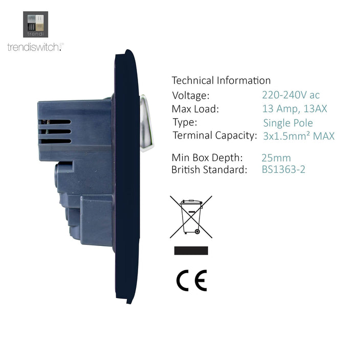 Trendi, Artistic Modern 1 Gang 13Amp Switched Socket WIth 2 x USB Ports Navy Blue Finish, BRITISH MADE, (35mm Back Box Required), 5yrs Warranty • ART-SKT13USBNV