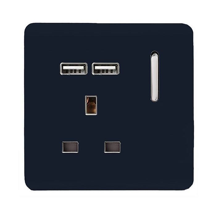 Trendi, Artistic Modern 1 Gang 13Amp Switched Socket WIth 2 x USB Ports Navy Blue Finish, BRITISH MADE, (35mm Back Box Required), 5yrs Warranty • ART-SKT13USBNV