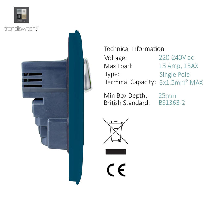 Trendi, Artistic Modern 1 Gang 13Amp Switched Socket WIth 2 x USB Ports Ocean Blue Finish, BRITISH MADE, (35mm Back Box Required), 5yrs Warranty • ART-SKT13USBOB