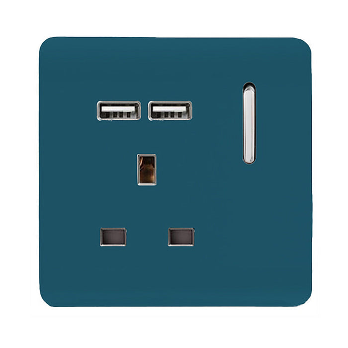 Trendi, Artistic Modern 1 Gang 13Amp Switched Socket WIth 2 x USB Ports Ocean Blue Finish, BRITISH MADE, (35mm Back Box Required), 5yrs Warranty • ART-SKT13USBOB