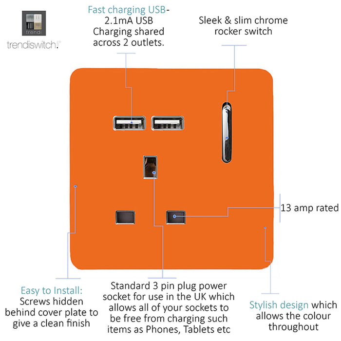 Trendi, Artistic Modern 1 Gang 13Amp Switched Socket WIth 2 x USB Ports Orange Finish, BRITISH MADE, (35mm Back Box Required), 5yrs Warranty • ART-SKT13USBOR