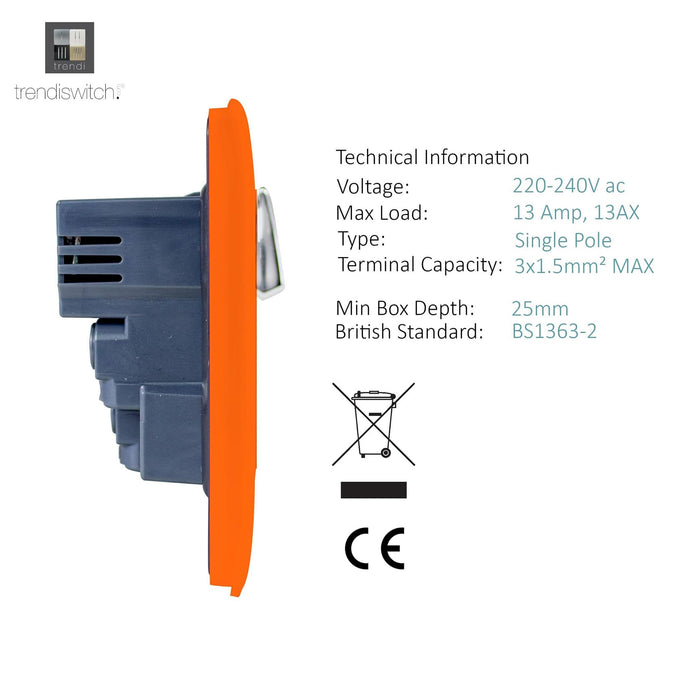 Trendi, Artistic Modern 1 Gang 13Amp Switched Socket WIth 2 x USB Ports Orange Finish, BRITISH MADE, (35mm Back Box Required), 5yrs Warranty • ART-SKT13USBOR