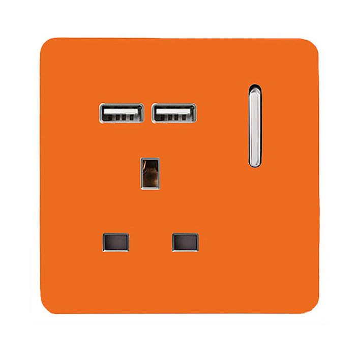 Trendi, Artistic Modern 1 Gang 13Amp Switched Socket WIth 2 x USB Ports Orange Finish, BRITISH MADE, (35mm Back Box Required), 5yrs Warranty • ART-SKT13USBOR