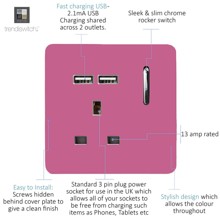 Trendi, Artistic Modern 1 Gang 13Amp Switched Socket WIth 2 x USB Ports Pink Finish, BRITISH MADE, (35mm Back Box Required), 5yrs Warranty • ART-SKT13USBPK