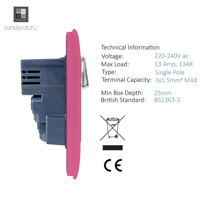 Trendi, Artistic Modern 1 Gang 13Amp Switched Socket WIth 2 x USB Ports Pink Finish, BRITISH MADE, (35mm Back Box Required), 5yrs Warranty • ART-SKT13USBPK