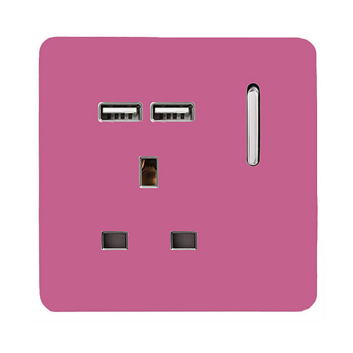 Trendi, Artistic Modern 1 Gang 13Amp Switched Socket WIth 2 x USB Ports Pink Finish, BRITISH MADE, (35mm Back Box Required), 5yrs Warranty • ART-SKT13USBPK