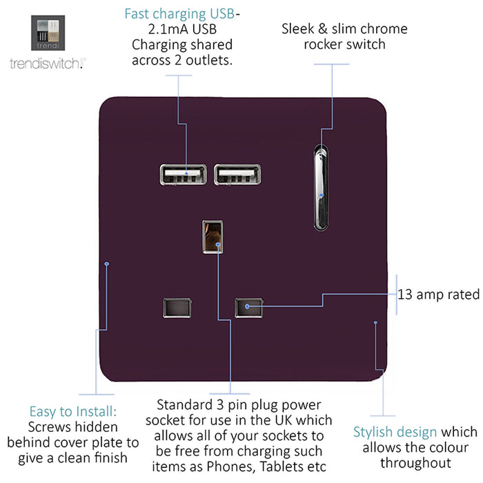 Trendi, Artistic Modern 1 Gang 13Amp Switched Socket WIth 2 x USB Ports Plum Finish, BRITISH MADE, (35mm Back Box Required), 5yrs Warranty • ART-SKT13USBPL