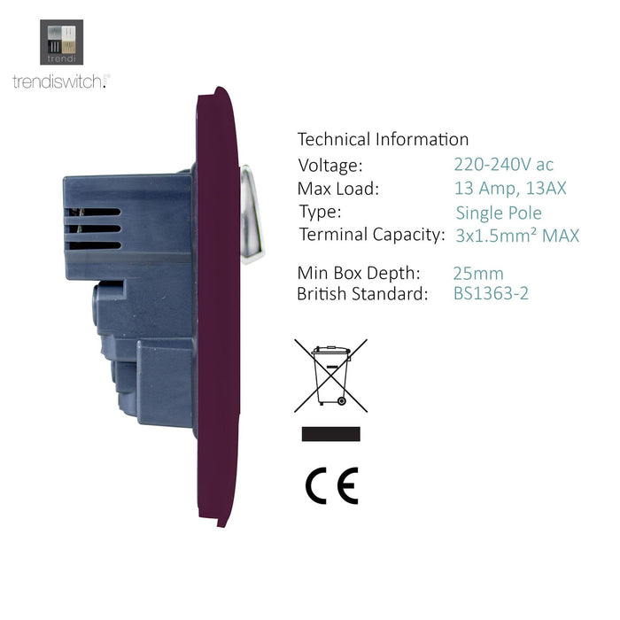 Trendi, Artistic Modern 1 Gang 13Amp Switched Socket WIth 2 x USB Ports Plum Finish, BRITISH MADE, (35mm Back Box Required), 5yrs Warranty • ART-SKT13USBPL