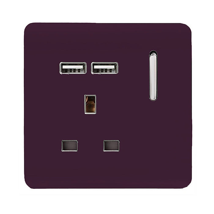 Trendi, Artistic Modern 1 Gang 13Amp Switched Socket WIth 2 x USB Ports Plum Finish, BRITISH MADE, (35mm Back Box Required), 5yrs Warranty • ART-SKT13USBPL