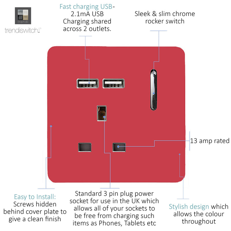 Trendi, Artistic Modern 1 Gang 13Amp Switched Socket WIth 2 x USB Ports Strawberry Finish, BRITISH MADE, (35mm Back Box Required), 5yrs Warranty • ART-SKT13USBSB