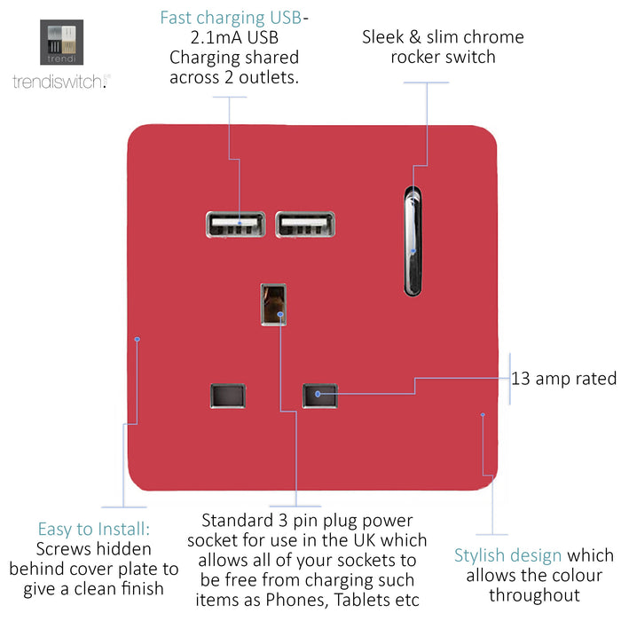 Trendi, Artistic Modern 1 Gang 13Amp Switched Socket WIth 2 x USB Ports Strawberry Finish, BRITISH MADE, (35mm Back Box Required), 5yrs Warranty • ART-SKT13USBSB