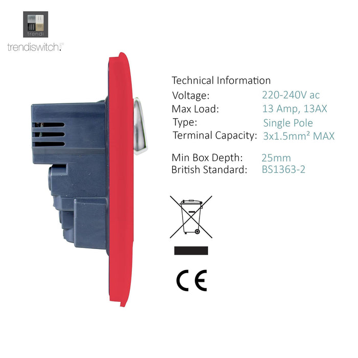 Trendi, Artistic Modern 1 Gang 13Amp Switched Socket WIth 2 x USB Ports Strawberry Finish, BRITISH MADE, (35mm Back Box Required), 5yrs Warranty • ART-SKT13USBSB